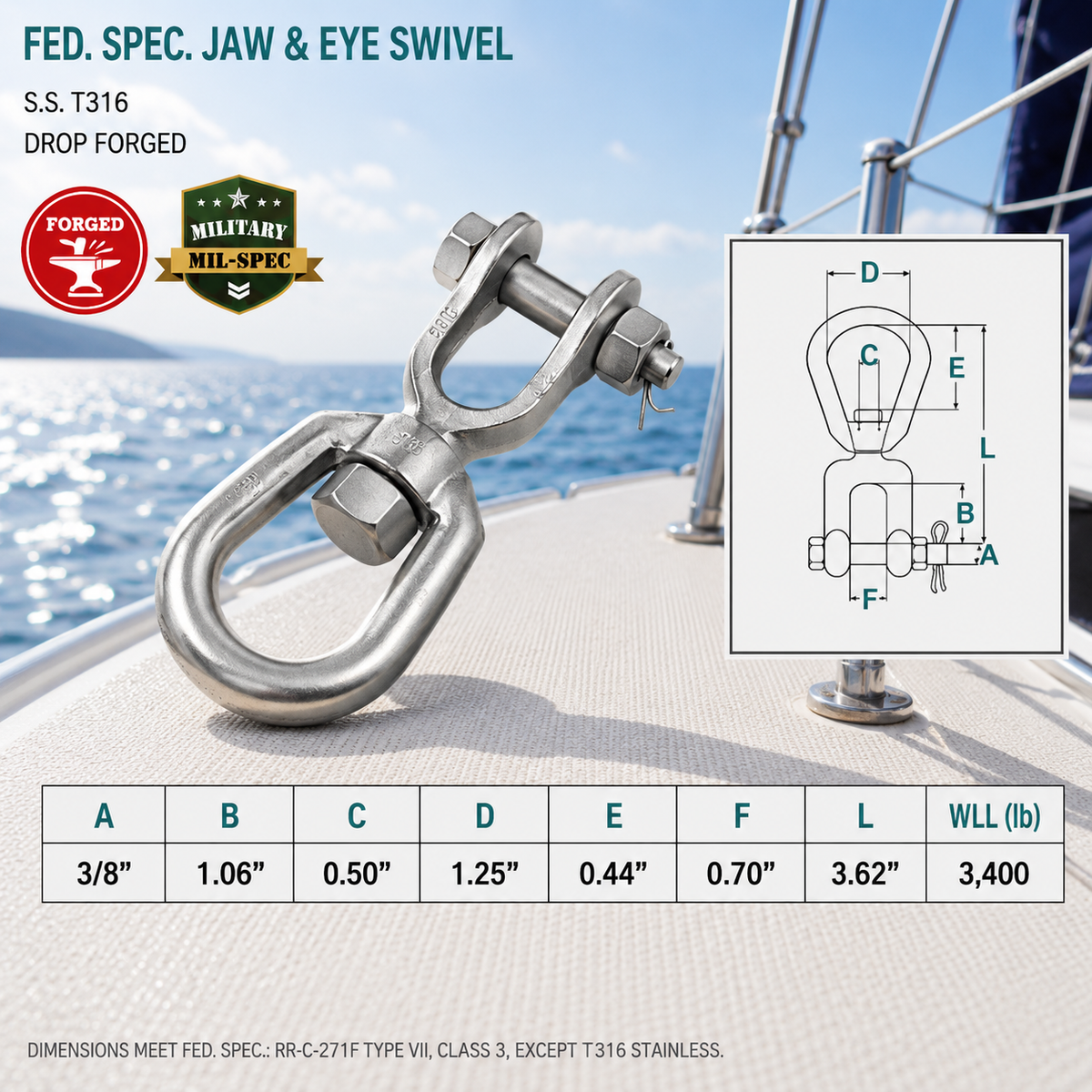 T316 Stainless Steel Drop Forged Mil Spec Jaw & Eye Marine Mooring Swivel, Boat Rigging Connector for Chain, Rope, and Anchor Use
