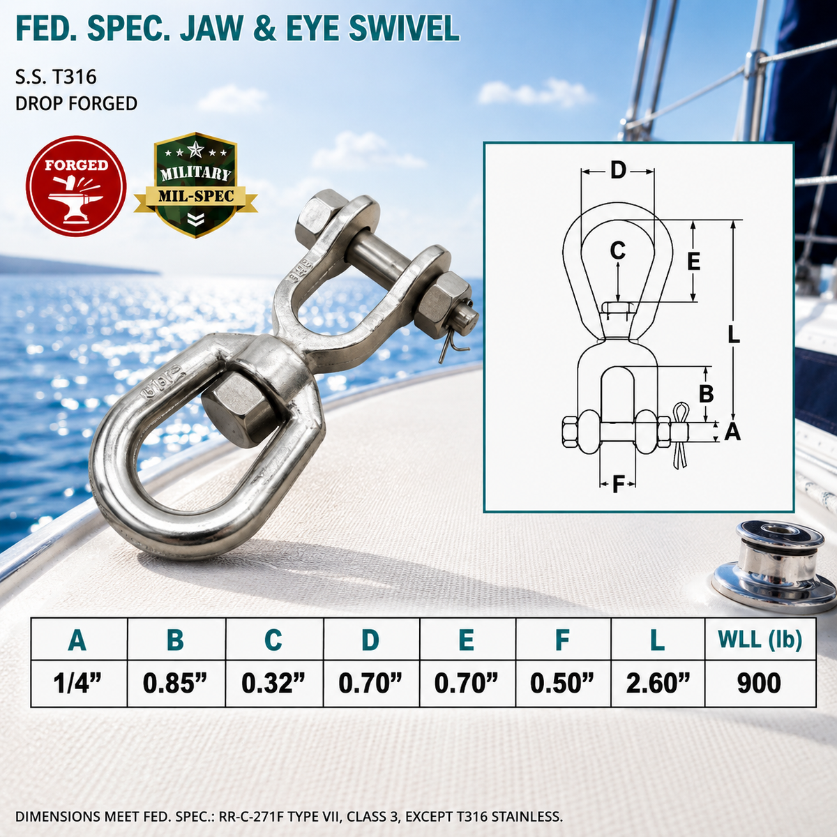 T316 Stainless Steel Drop Forged Mil Spec Jaw & Eye Marine Mooring Swivel, Boat Rigging Connector for Chain, Rope, and Anchor Use