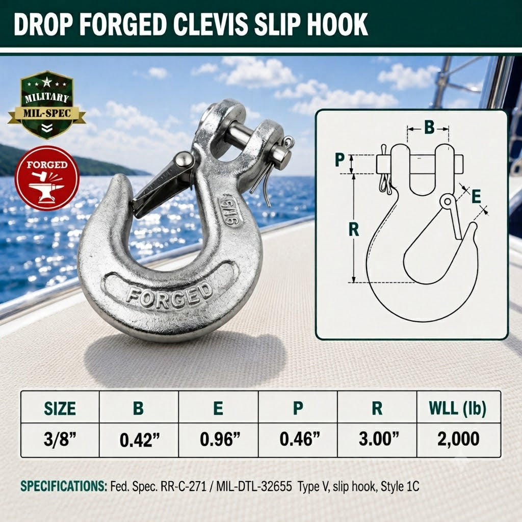 Mil-Spec T316 Stainless Steel Drop Forged Clevis Slip Hook, Marine Grade Rigging Hook for Chain, Rope, Cable, and Lifting