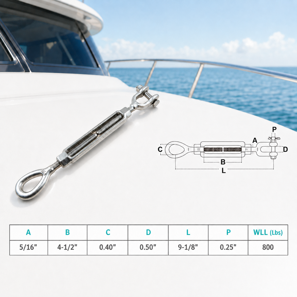 T316 Stainless Steel Mil-Spec Jaw Eye Turnbuckle, Marine Grade Rigging Tensioner for Cable, Rope, Chain, and Boat Hardware