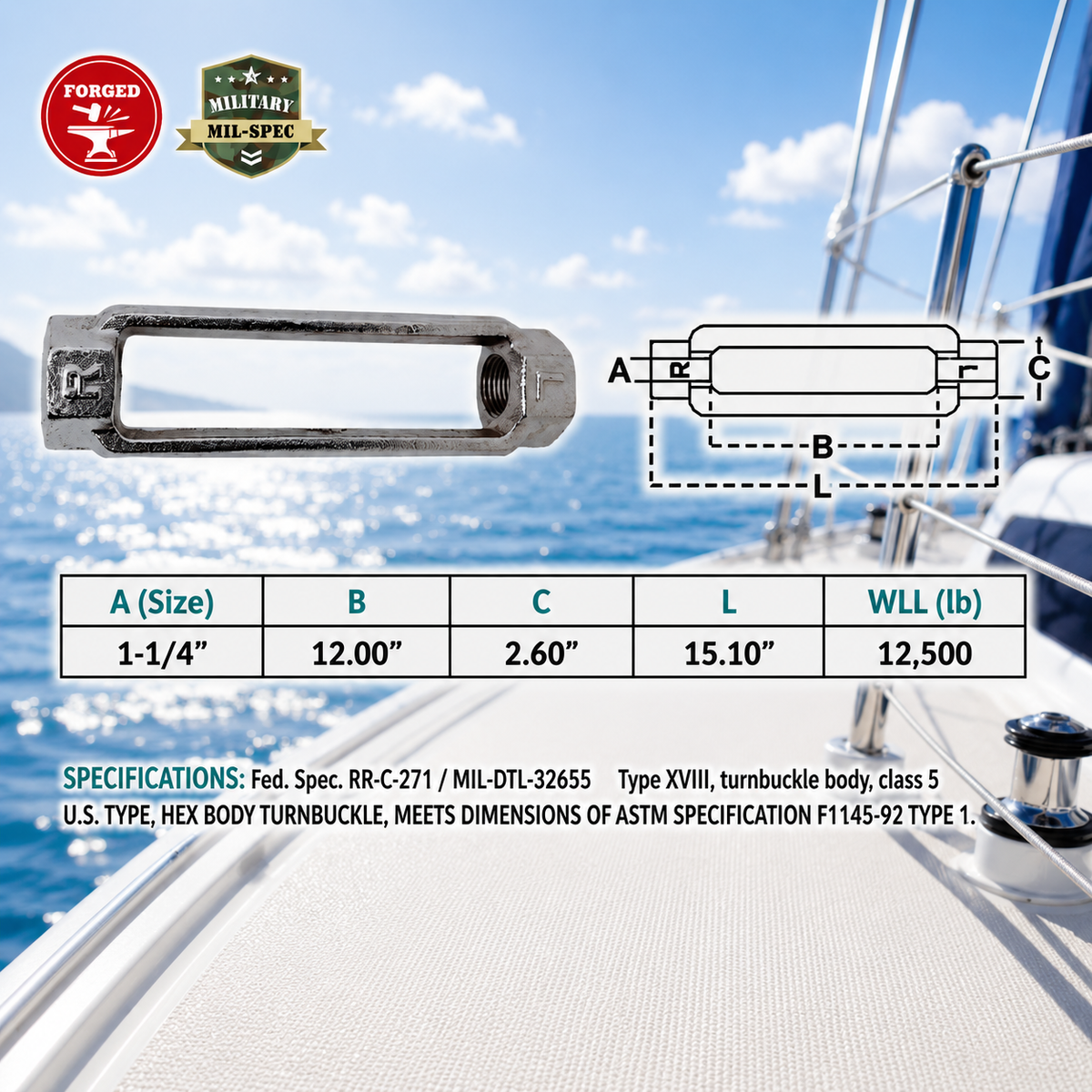 T316 Stainless Steel Mil Spec Jaw & Jaw Turnbuckle, Marine Boat Rigging Tensioner for Dock, Deck, and Outdoor Use