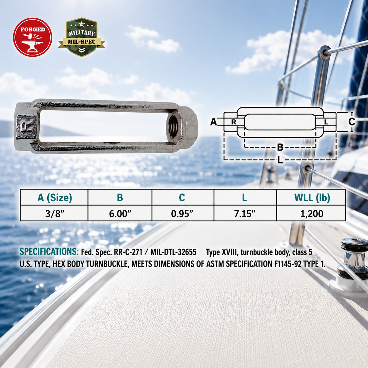 T316 Stainless Steel Mil Spec Jaw & Jaw Turnbuckle, Marine Boat Rigging Tensioner for Dock, Deck, and Outdoor Use