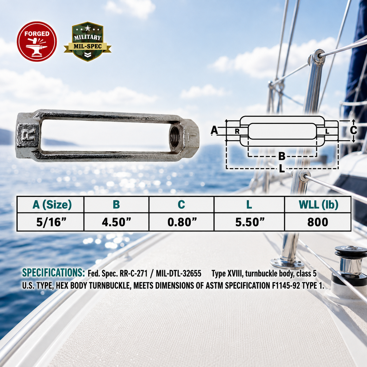 T316 Stainless Steel Mil Spec Jaw & Jaw Turnbuckle, Marine Boat Rigging Tensioner for Dock, Deck, and Outdoor Use