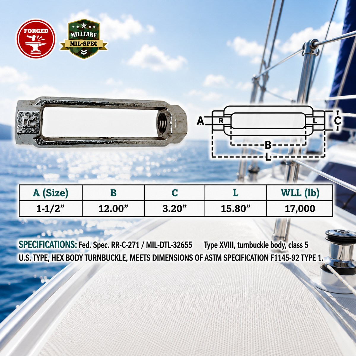 T316 Stainless Steel Mil Spec Jaw & Jaw Turnbuckle, Marine Boat Rigging Tensioner for Dock, Deck, and Outdoor Use