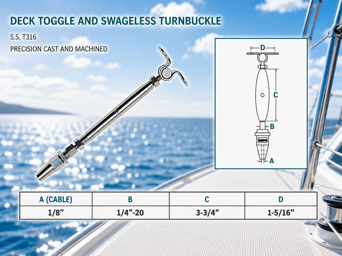 4 Pc Set Marine T316 Stainless Steel Cable Deck Toggle and Swageless Turnbuckle, Cable Rail Tensioner for Boat, Dock, and Deck Use