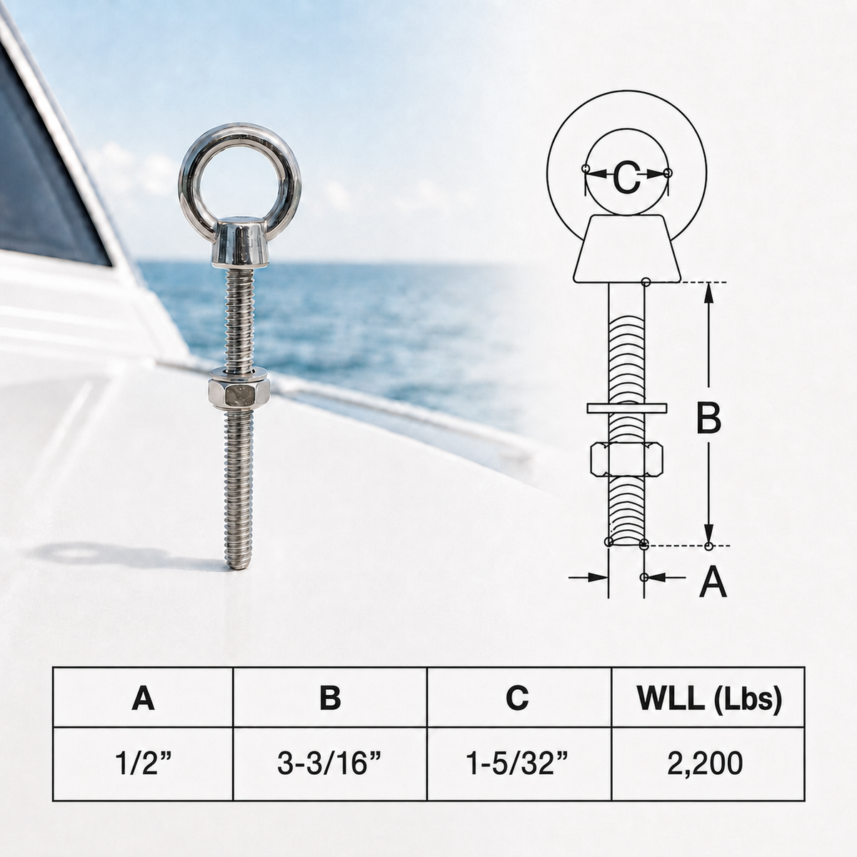Marine Boat T316 Stainless Steel Shoulder Eye Bolt, Marine Grade Eye Bolt for Rigging, Lifting, Cable, and Deck Hardware