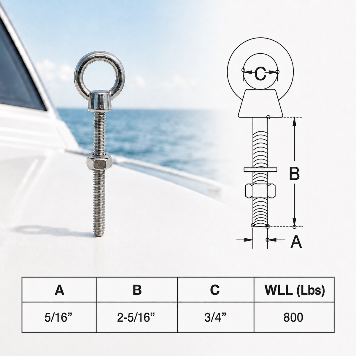 Marine Boat T316 Stainless Steel Shoulder Eye Bolt, Marine Grade Eye Bolt for Rigging, Lifting, Cable, and Deck Hardware