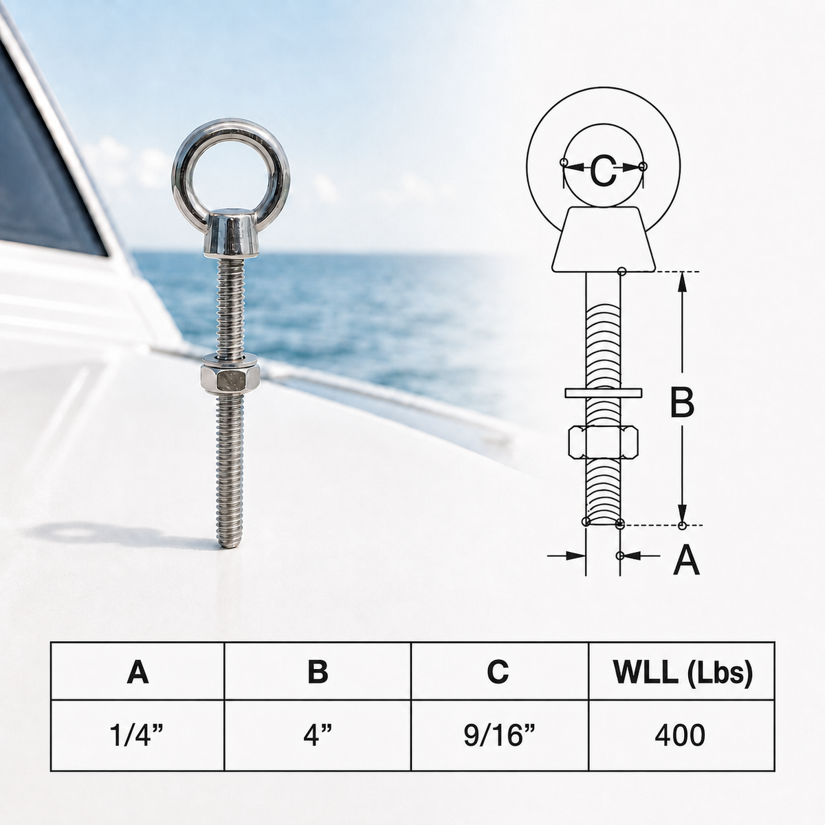 Marine Boat T316 Stainless Steel Shoulder Eye Bolt, Marine Grade Eye Bolt for Rigging, Lifting, Cable, and Deck Hardware