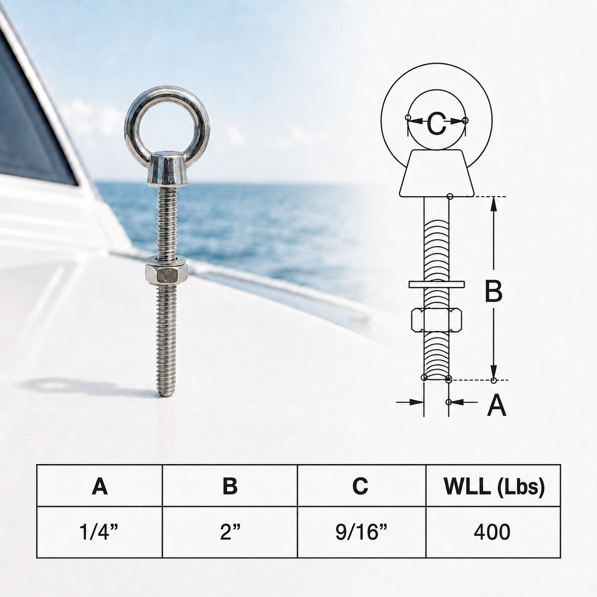 Marine Boat T316 Stainless Steel Shoulder Eye Bolt, Marine Grade Eye Bolt for Rigging, Lifting, Cable, and Deck Hardware