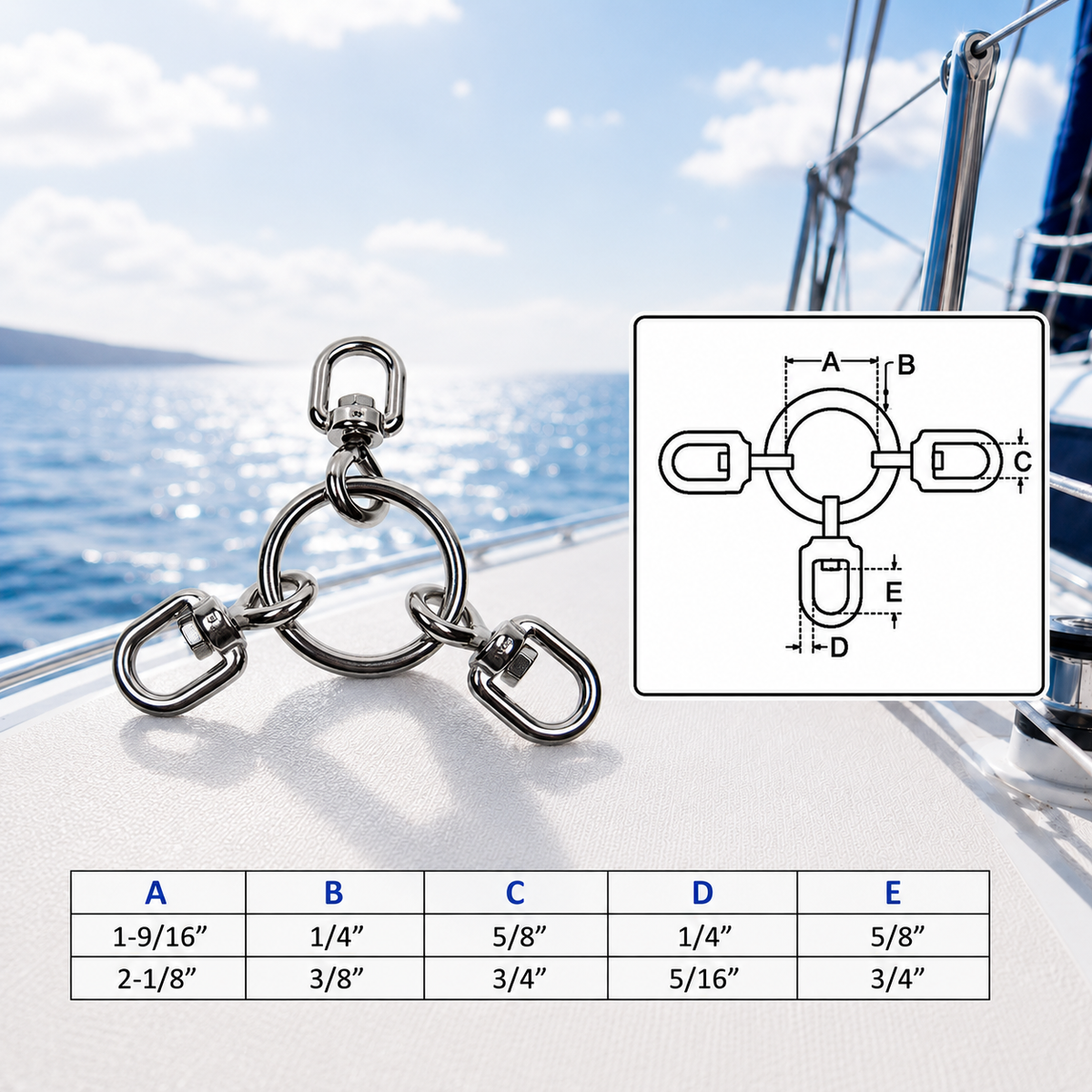 10 Pc Set Marine Stainless Steel Ring with 3 Way Swivel Ring, Fishing Tackle Swivel Connector for Rigging, Lines, Hooks, Lures, and Marine Hardware