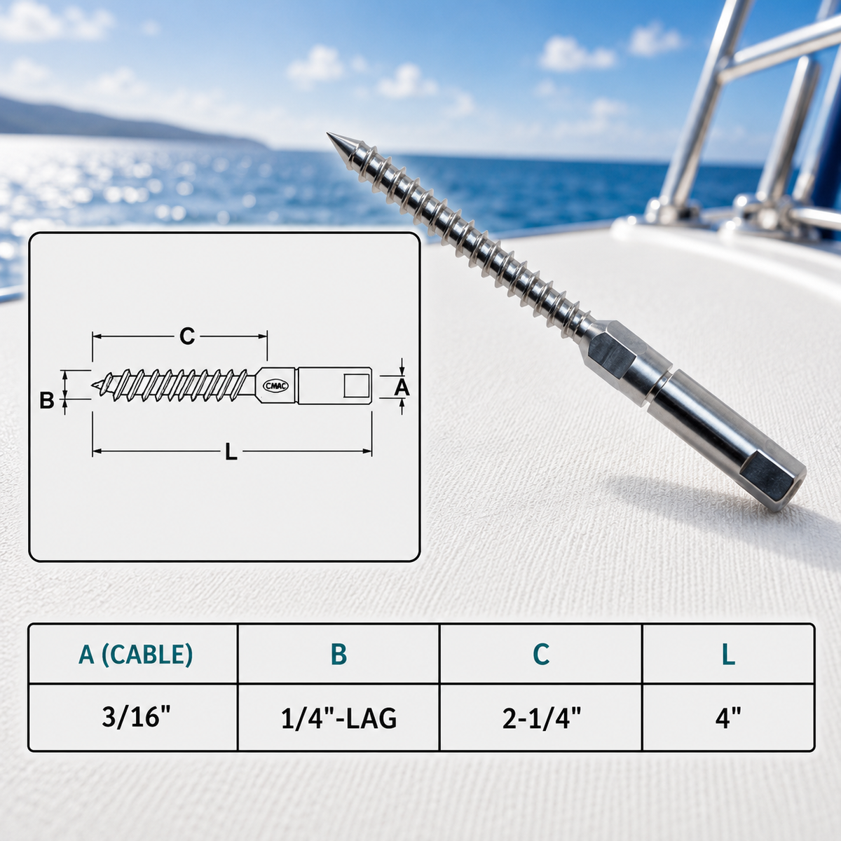 10 Pc Set Marine Stainless Steel Swageless Lag Stud for 1/8" and 3/16" Cable, Wire Rope Terminal Fitting for Deck, Dock, Railing, Rigging