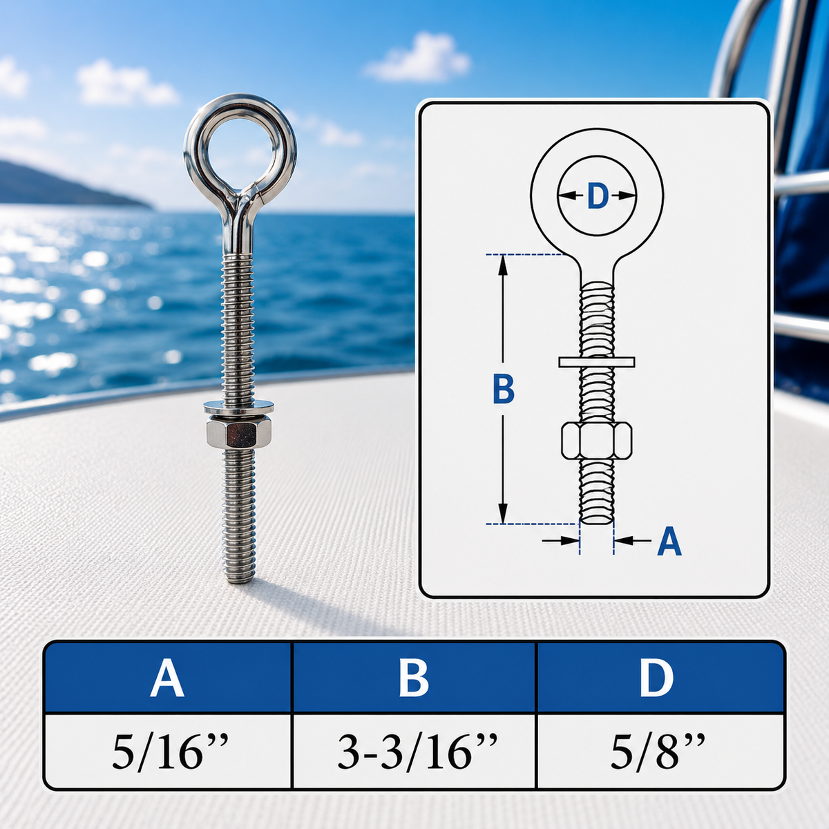 4 Pc Set Marine T316 Stainless Steel Welded Plain Eye Bolt, Rigging Lifting Hardware for Deck, Dock, Cable, Chain, and Rope