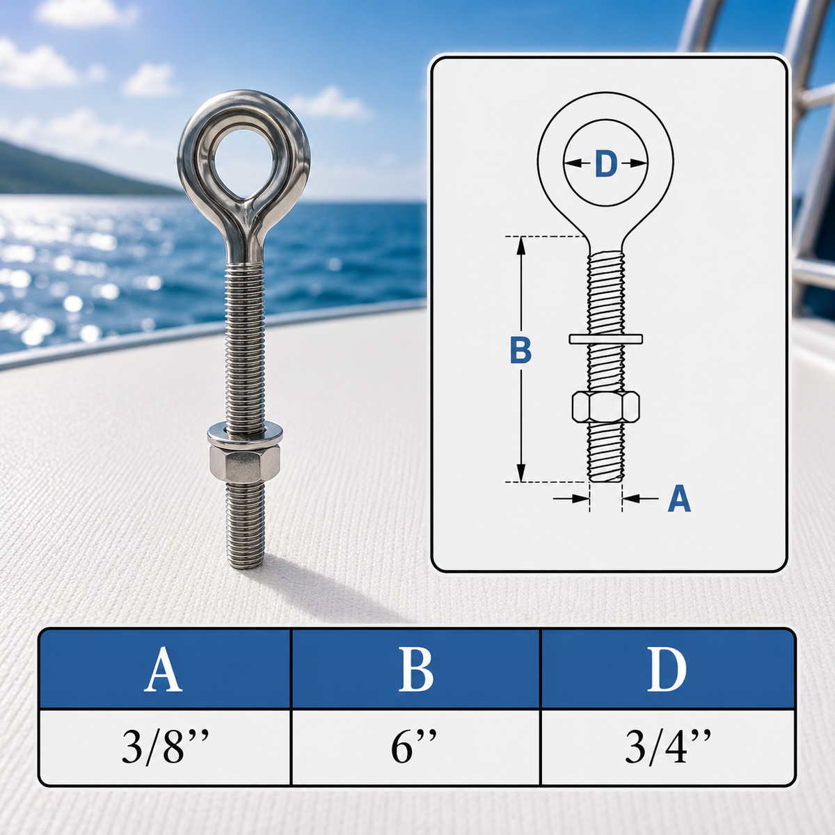 4 Pc Set Marine T316 Stainless Steel Welded Plain Eye Bolt, Rigging Lifting Hardware for Deck, Dock, Cable, Chain, and Rope