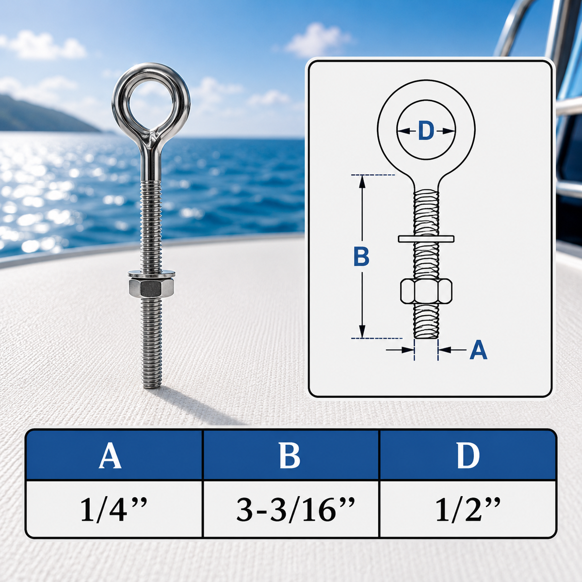 4 Pc Set Marine T316 Stainless Steel Welded Plain Eye Bolt, Rigging Lifting Hardware for Deck, Dock, Cable, Chain, and Rope
