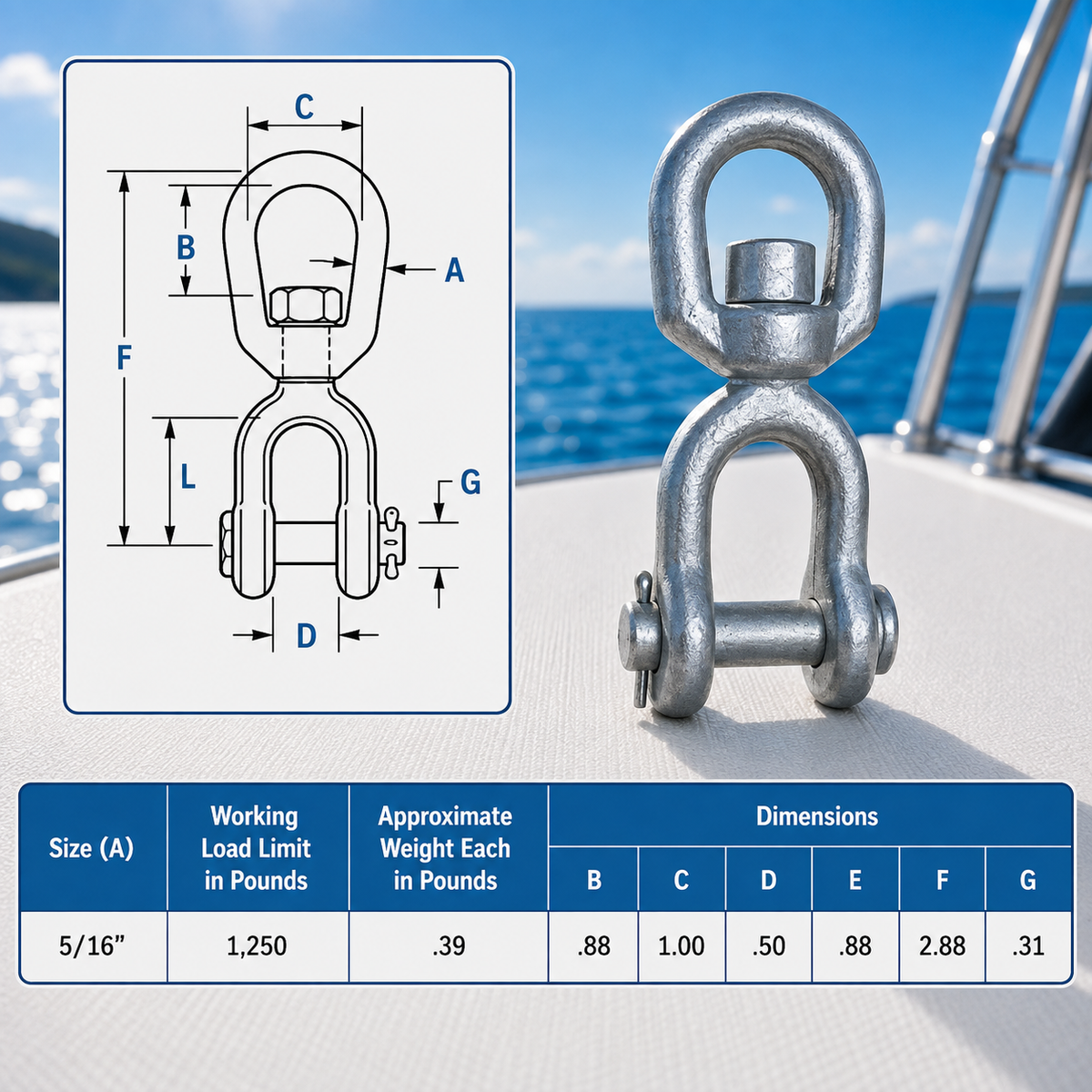 Galvanized Jaw Eye Marine Mooring Swivel, Boat Rigging Swivel Connector for Chain, Anchor, Dock, and Mooring Use