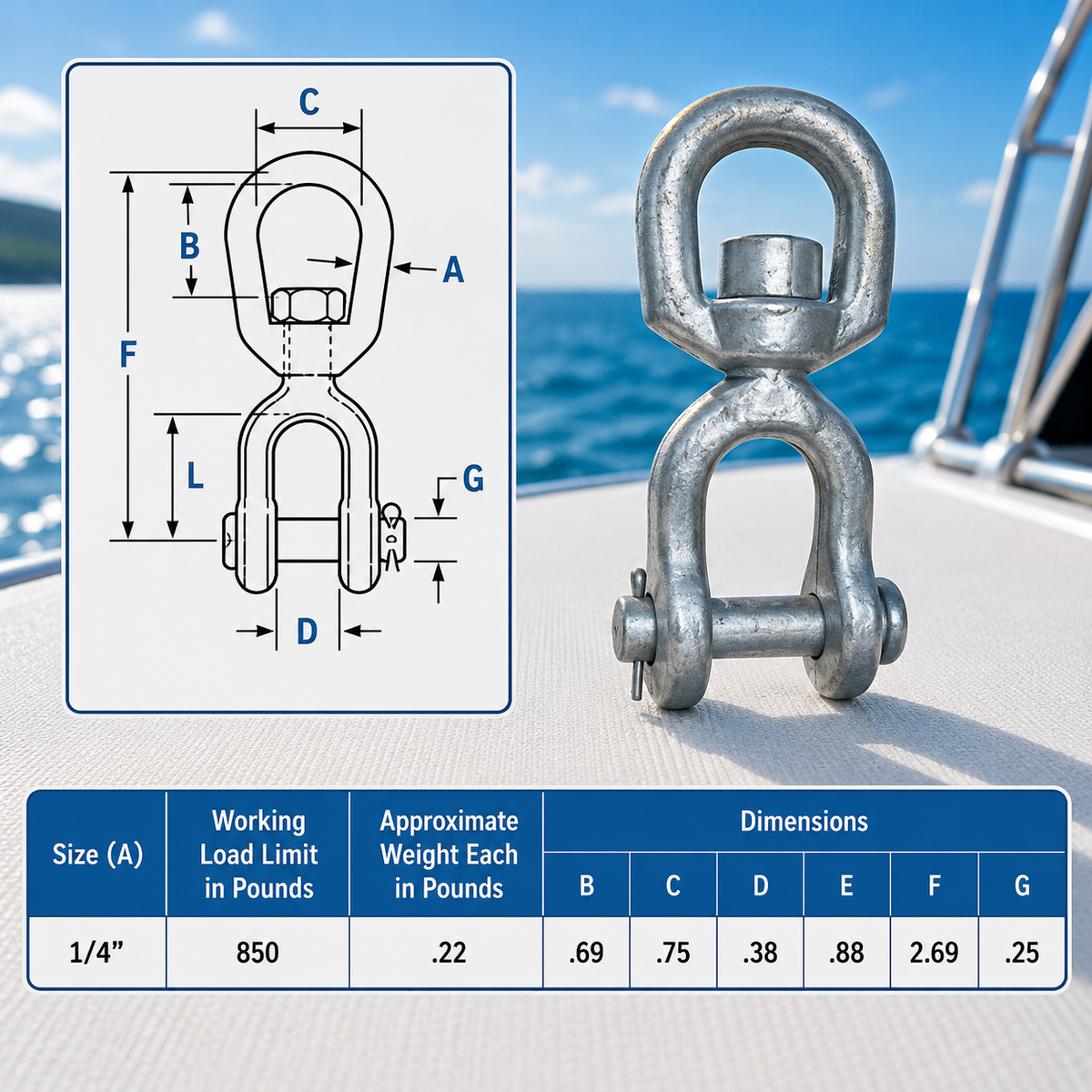 Galvanized Jaw Eye Marine Mooring Swivel, Boat Rigging Swivel Connector for Chain, Anchor, Dock, and Mooring Use