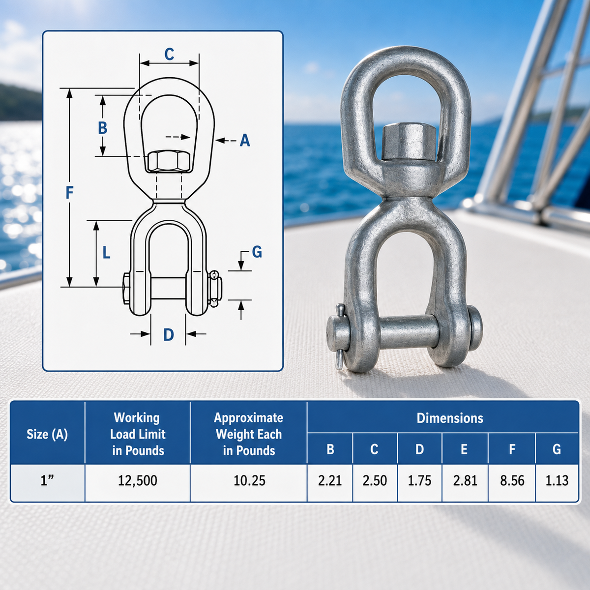 Galvanized Jaw Eye Marine Mooring Swivel, Boat Rigging Swivel Connector for Chain, Anchor, Dock, and Mooring Use