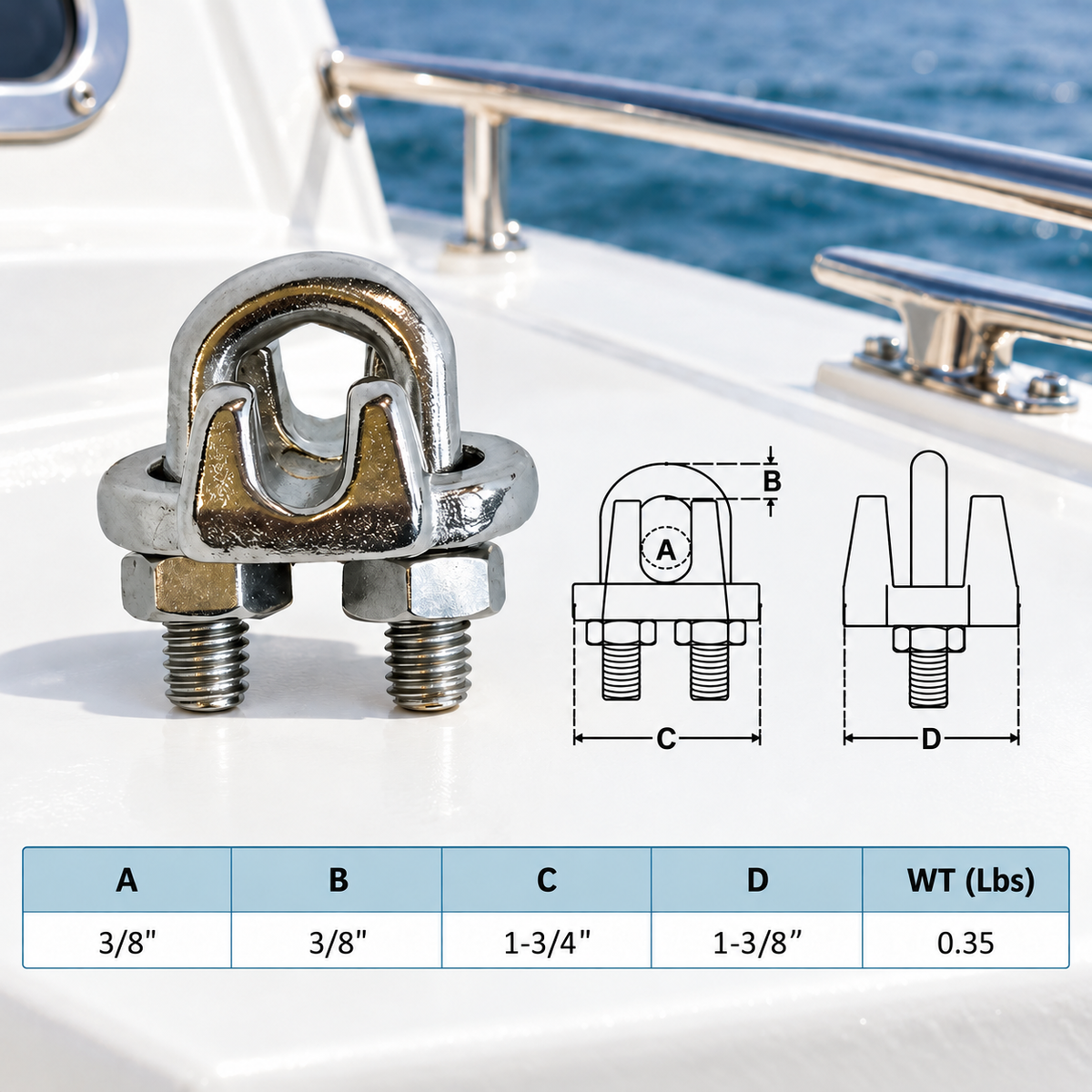 Marine 316 Stainless Steel Heavy Duty Wire Rope Clips, 1/8" to 1" Cable Clamp for Boat, Rigging, and Cable Systems