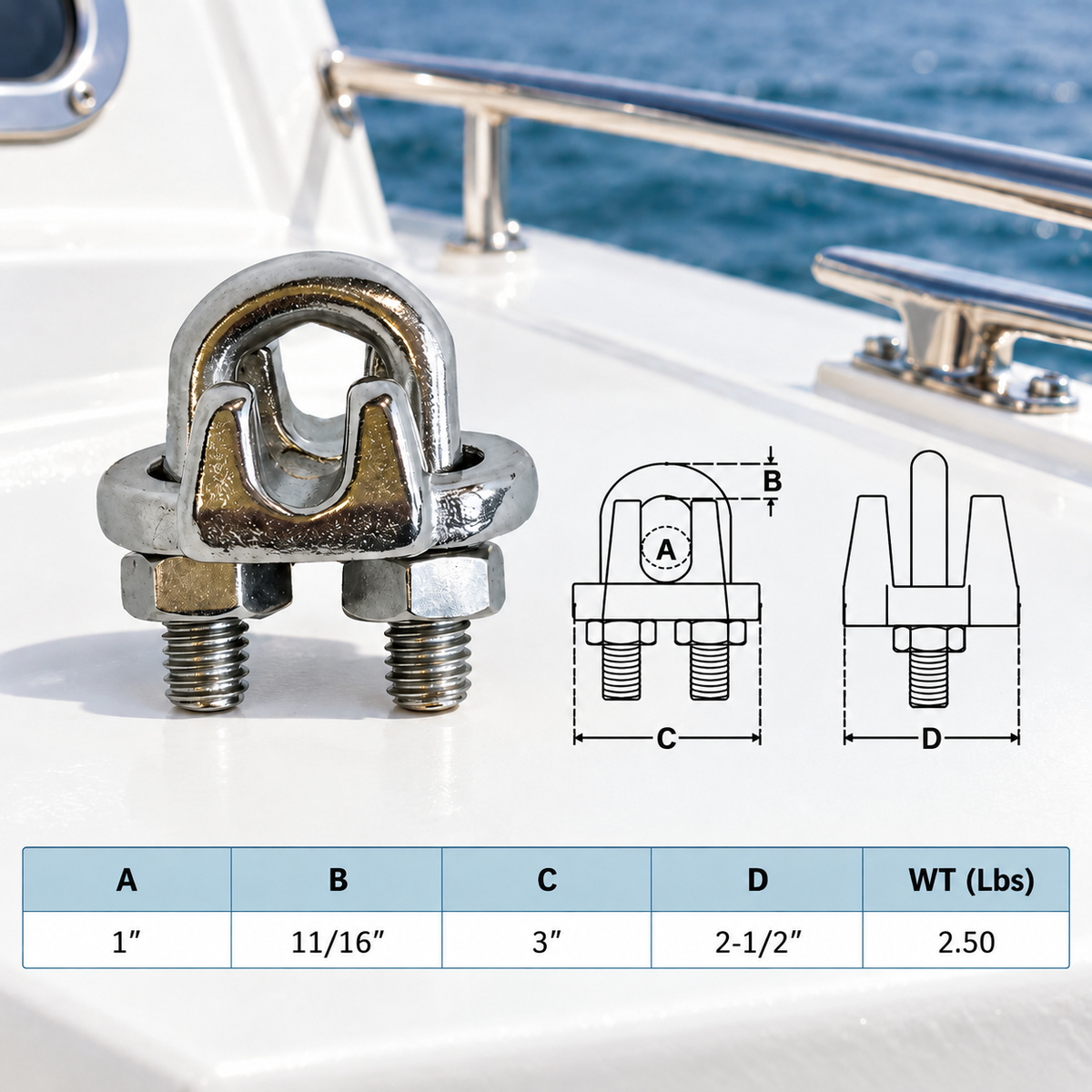 Marine 316 Stainless Steel Heavy Duty Wire Rope Clips, 1/8" to 1" Cable Clamp for Boat, Rigging, and Cable Systems