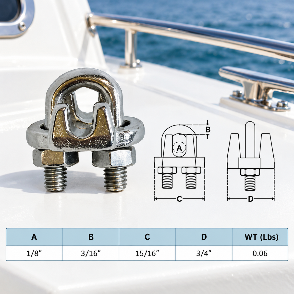Marine 316 Stainless Steel Heavy Duty Wire Rope Clips, 1/8" to 1" Cable Clamp for Boat, Rigging, and Cable Systems