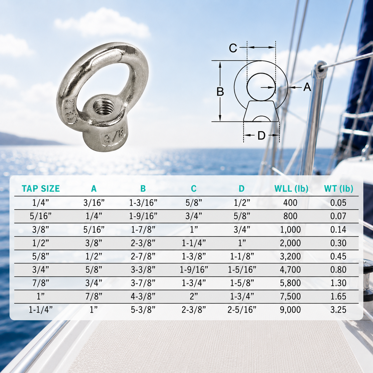 5 Pc Set Stainless Steel 316 Lifting Eye Nut, UNC Tap Thread Eye Nut Size 1/4" to 1-1/4" for Rigging, Lifting, and Marine Hardware
