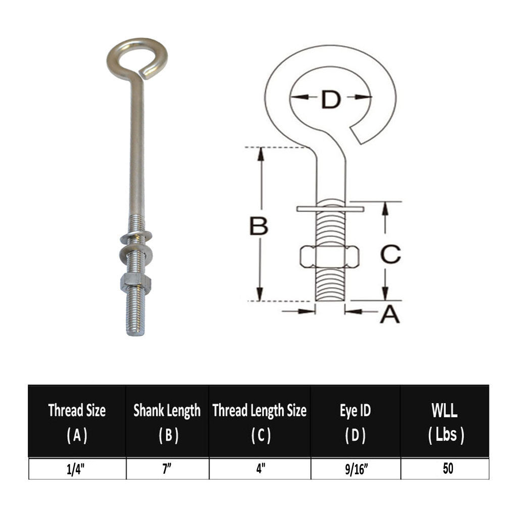 10 Pc Set Marine T316 Stainless Steel Turned Eye Bolt with Nut and Washers, Boat Rigging Eye Bolt for Deck, Dock, and Outdoor Use