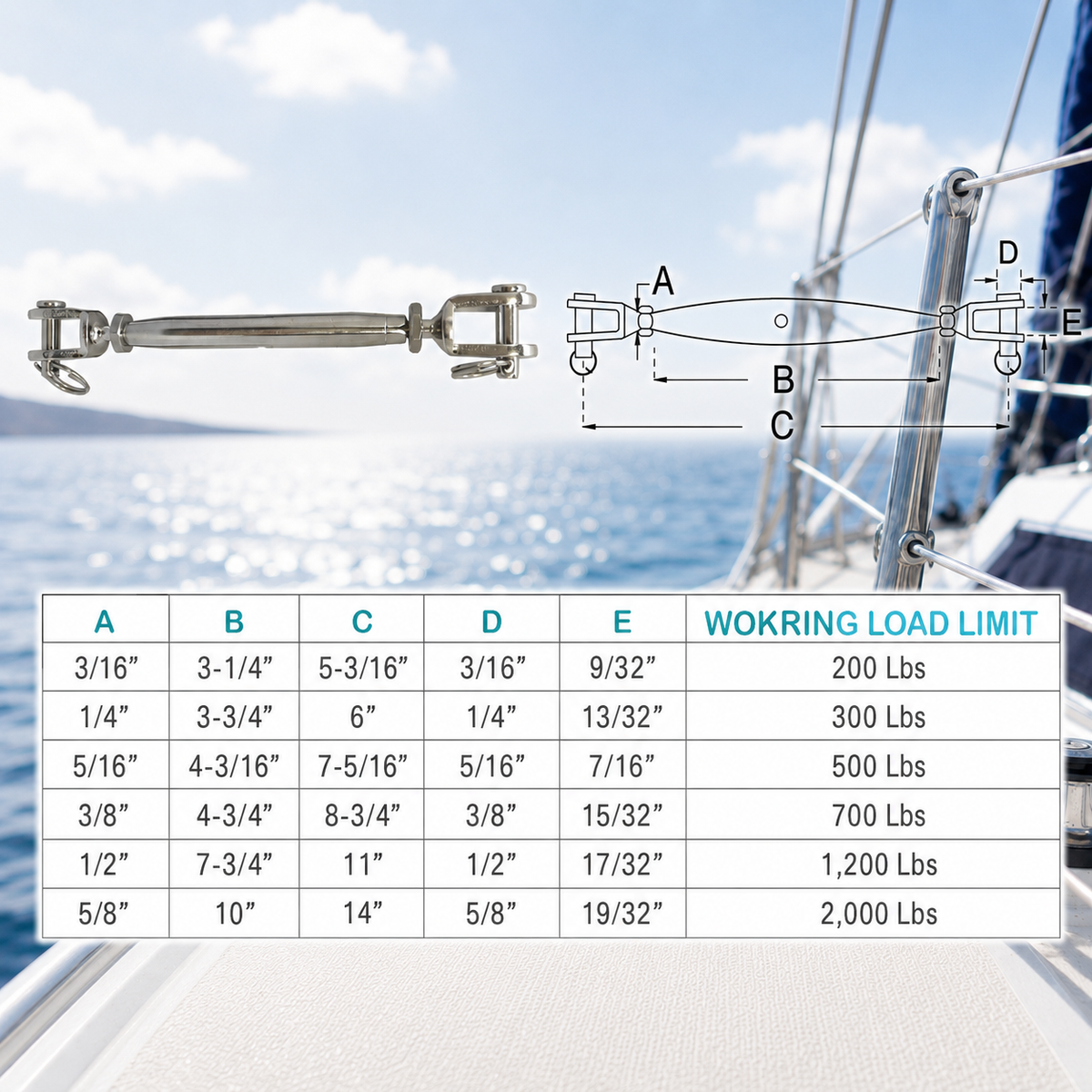 5 Pc Set T316 Stainless Steel Jaw Jaw Closed Body Turnbuckle, 3/16", 1/4", 5/16", 3/8", 5/8" Rigging Tensioner