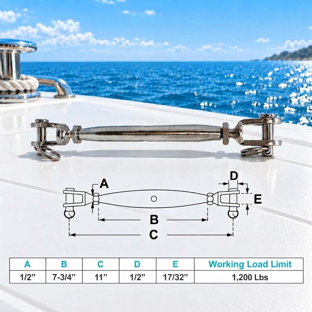 5 Pc Set T316 Stainless Steel Jaw Jaw Closed Body Turnbuckle, 3/16", 1/4", 5/16", 3/8", 5/8" Rigging Tensioner