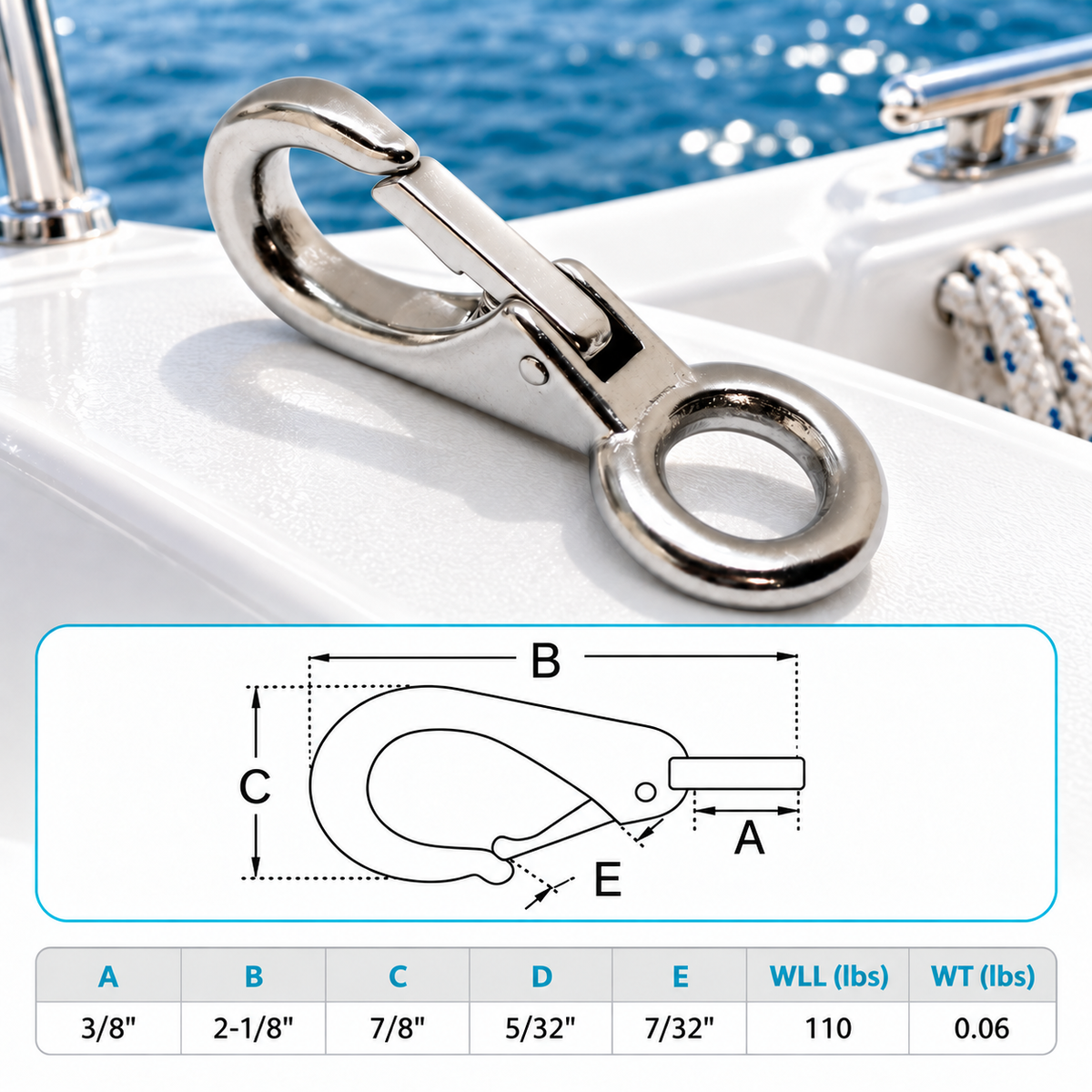 5 Pc Set T316 Stainless Steel Grade Marine Fixed Eye Boat Snap Hook, 3/8", 5/8", 3/4" Snap Clip for Rope, Chain, and Rigging