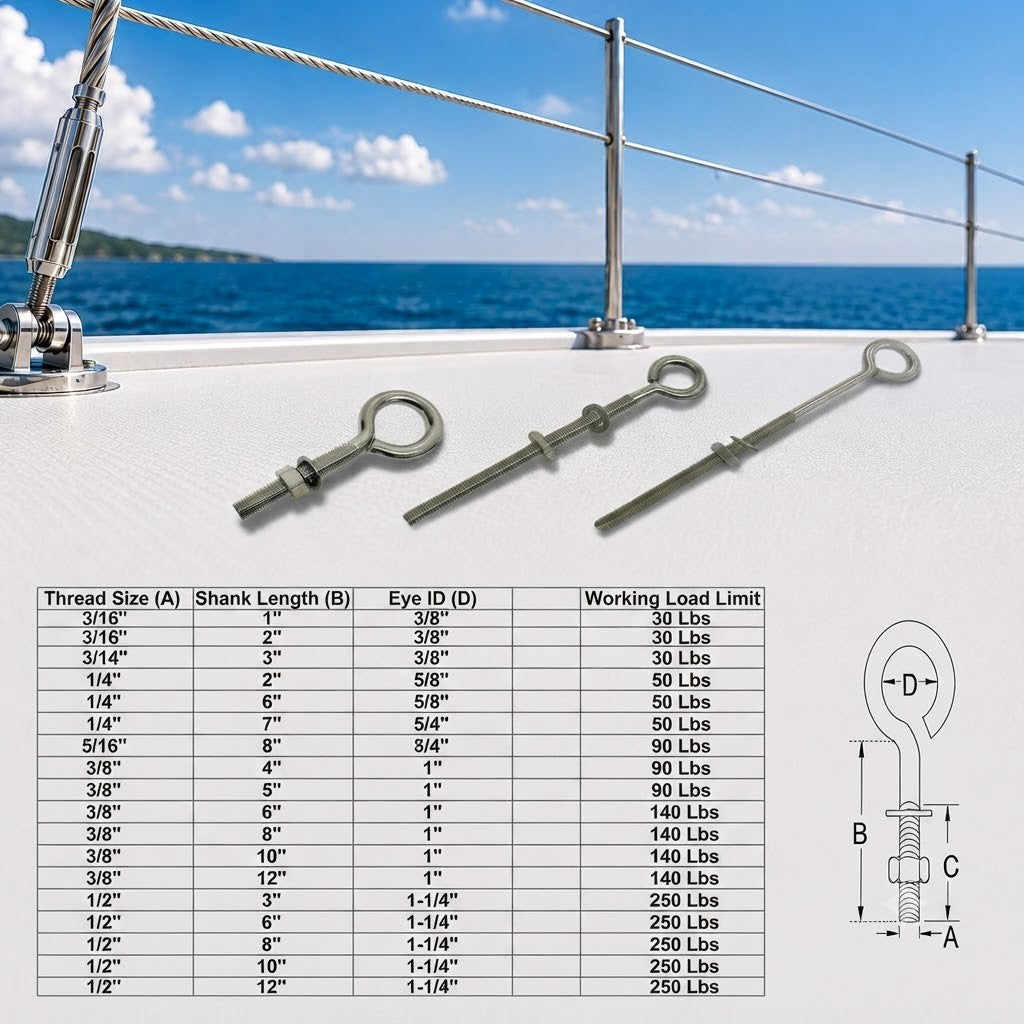 Marine Boat T316 Stainless Steel Turned Eye Bolt with Nut and Washer, Eye Bolt Hardware for Deck, Dock, and Rigging