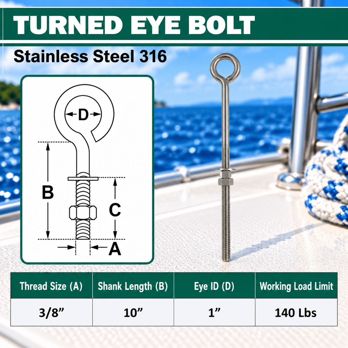 Marine Boat T316 Stainless Steel Turned Eye Bolt with Nut and Washer, Eye Bolt Hardware for Deck, Dock, and Rigging