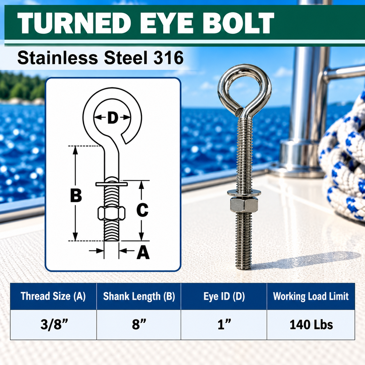 Marine Boat T316 Stainless Steel Turned Eye Bolt with Nut and Washer, Eye Bolt Hardware for Deck, Dock, and Rigging