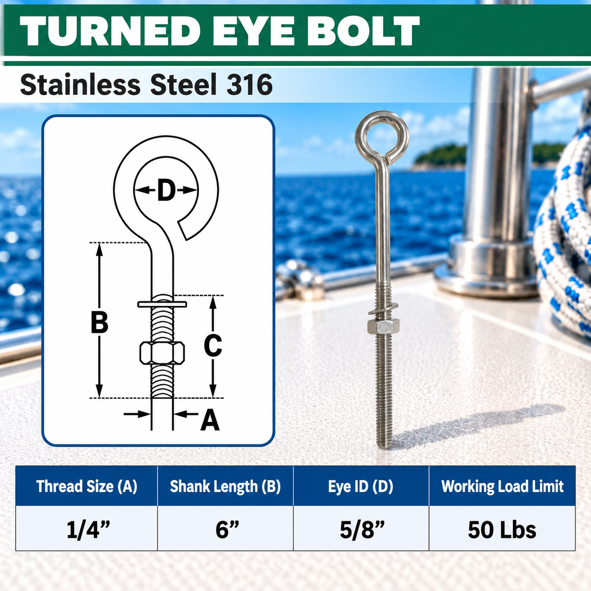 Marine Boat T316 Stainless Steel Turned Eye Bolt with Nut and Washer, Eye Bolt Hardware for Deck, Dock, and Rigging