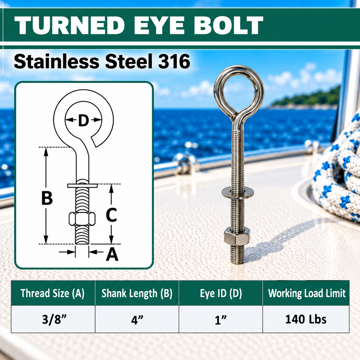 Marine Boat T316 Stainless Steel Turned Eye Bolt with Nut and Washer, Eye Bolt Hardware for Deck, Dock, and Rigging