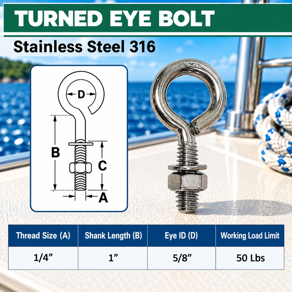 Marine Boat T316 Stainless Steel Turned Eye Bolt with Nut and Washer, Eye Bolt Hardware for Deck, Dock, and Rigging