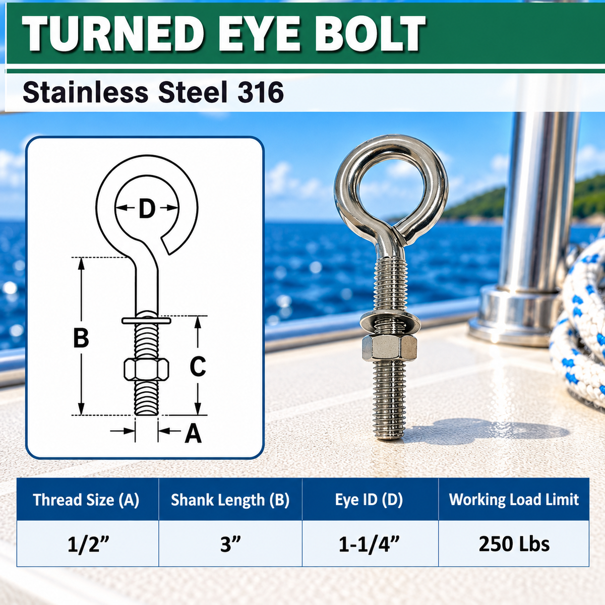 Marine Boat T316 Stainless Steel Turned Eye Bolt with Nut and Washer, Eye Bolt Hardware for Deck, Dock, and Rigging