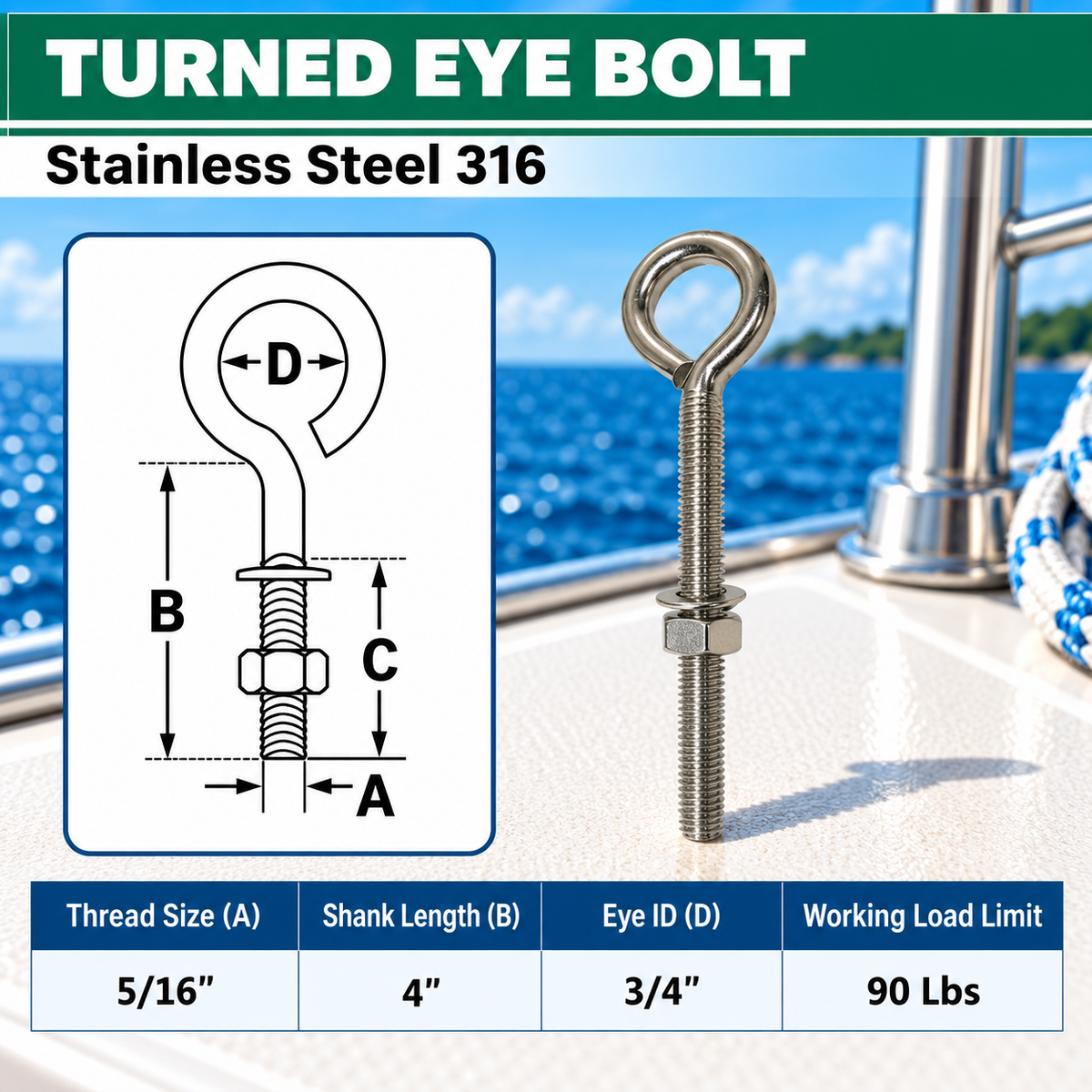 Marine Boat T316 Stainless Steel Turned Eye Bolt with Nut and Washer, Eye Bolt Hardware for Deck, Dock, and Rigging