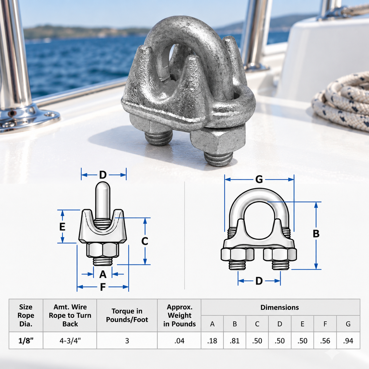 2 Pc Set Galvanized Drop Forged Wire Rope Clips, Marine Cable Clamps for 1/8", 3/16", 1/4", 5/16", 3/8", and 1/2" Cable