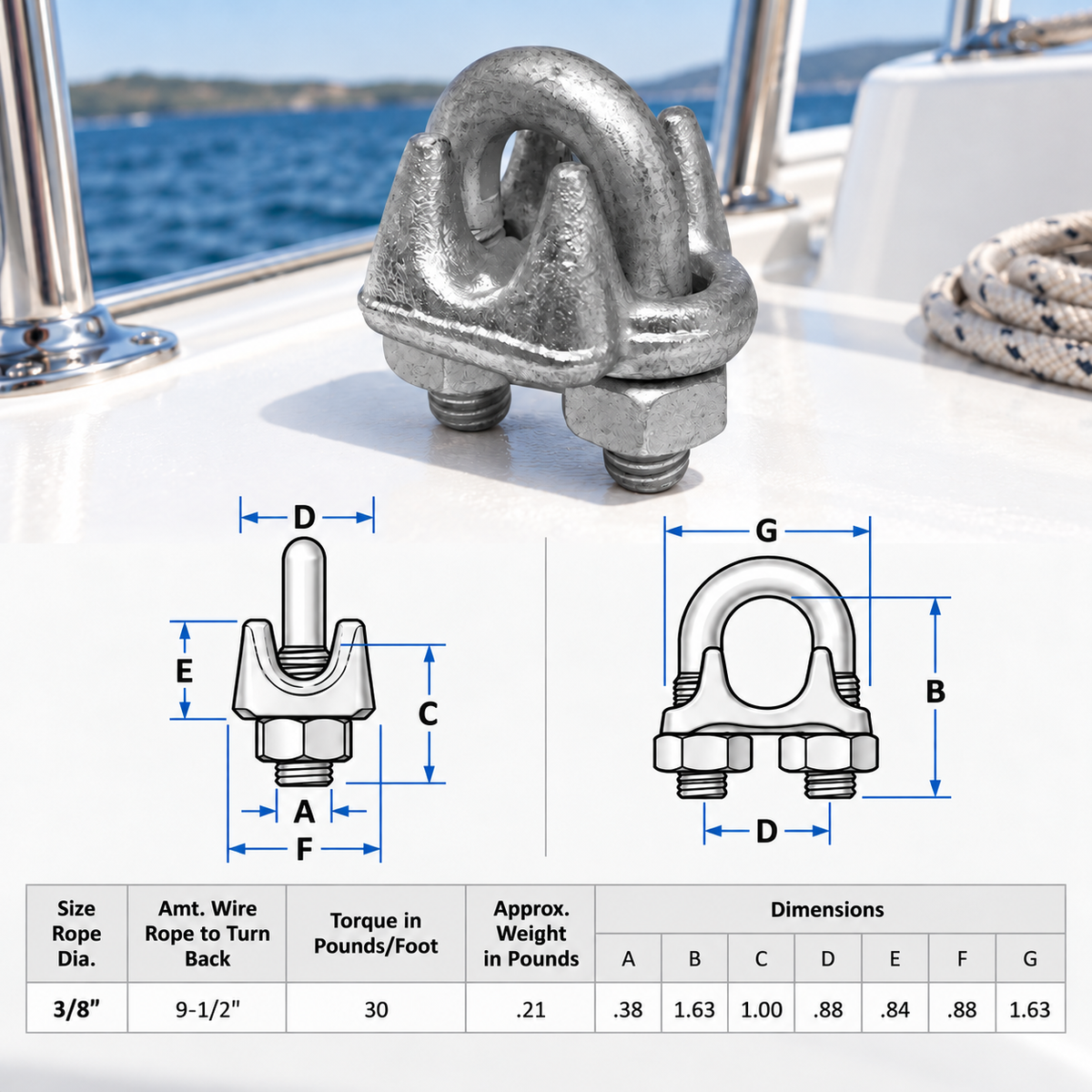 2 Pc Set Galvanized Drop Forged Wire Rope Clips, Marine Cable Clamps for 1/8", 3/16", 1/4", 5/16", 3/8", and 1/2" Cable