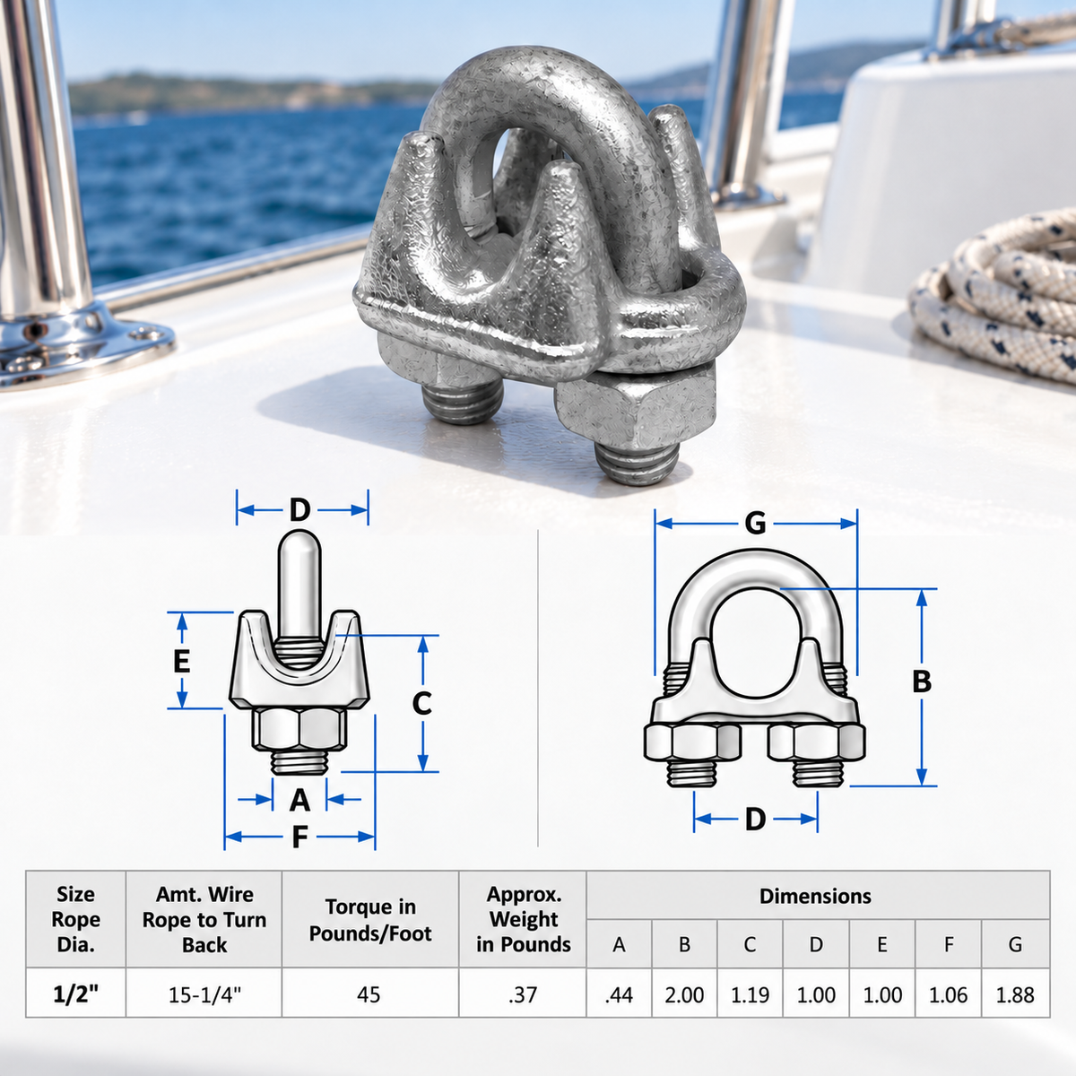 2 Pc Set Galvanized Drop Forged Wire Rope Clips, Marine Cable Clamps for 1/8", 3/16", 1/4", 5/16", 3/8", and 1/2" Cable