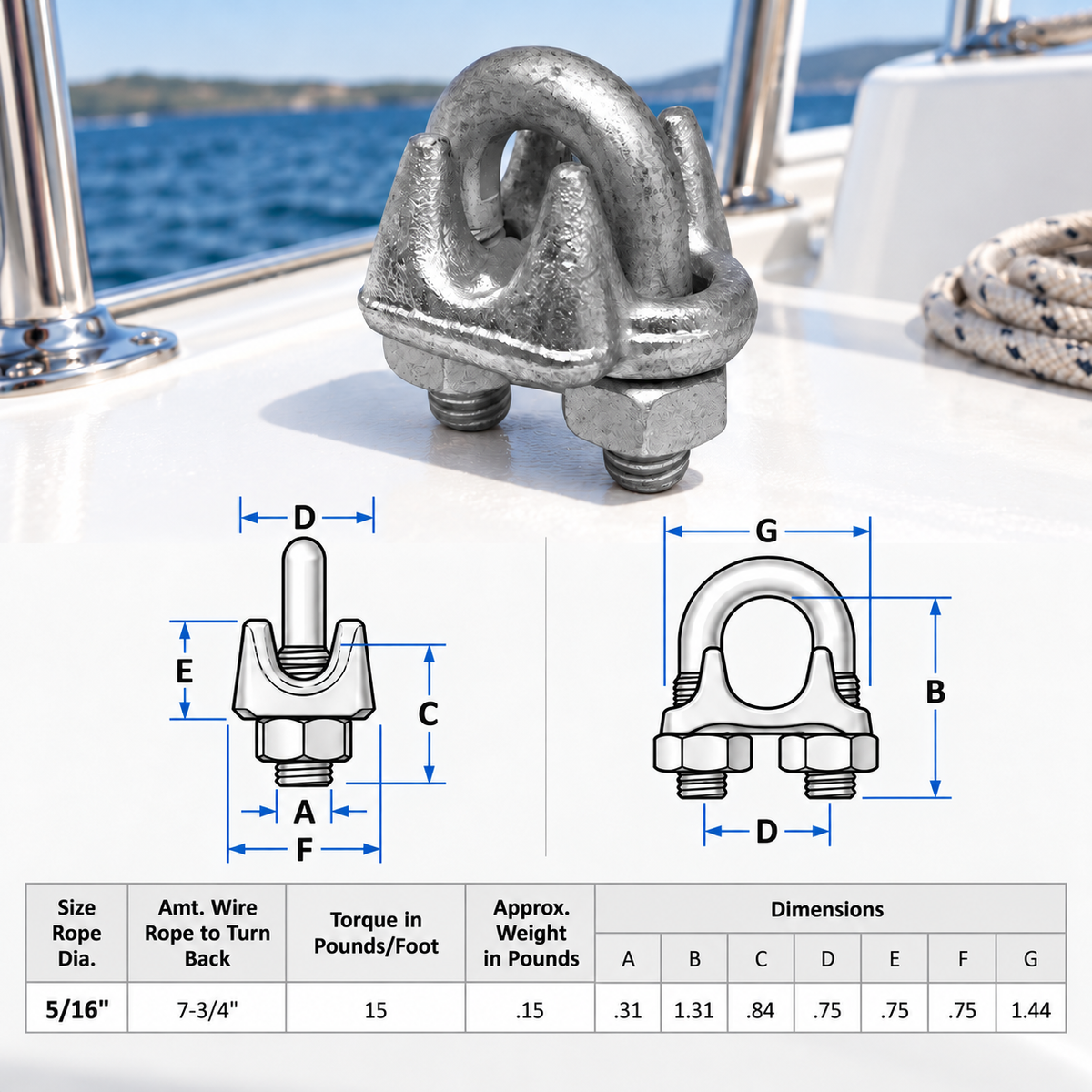 2 Pc Set Galvanized Drop Forged Wire Rope Clips, Marine Cable Clamps for 1/8", 3/16", 1/4", 5/16", 3/8", and 1/2" Cable