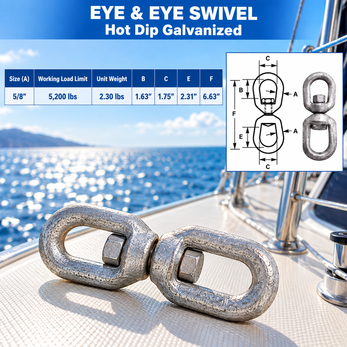 Marine Boat Galvanized Eye Eye Swivel Mooring, Boat Rigging Swivel for Chain, Anchor, Dock, and Outdoor Use