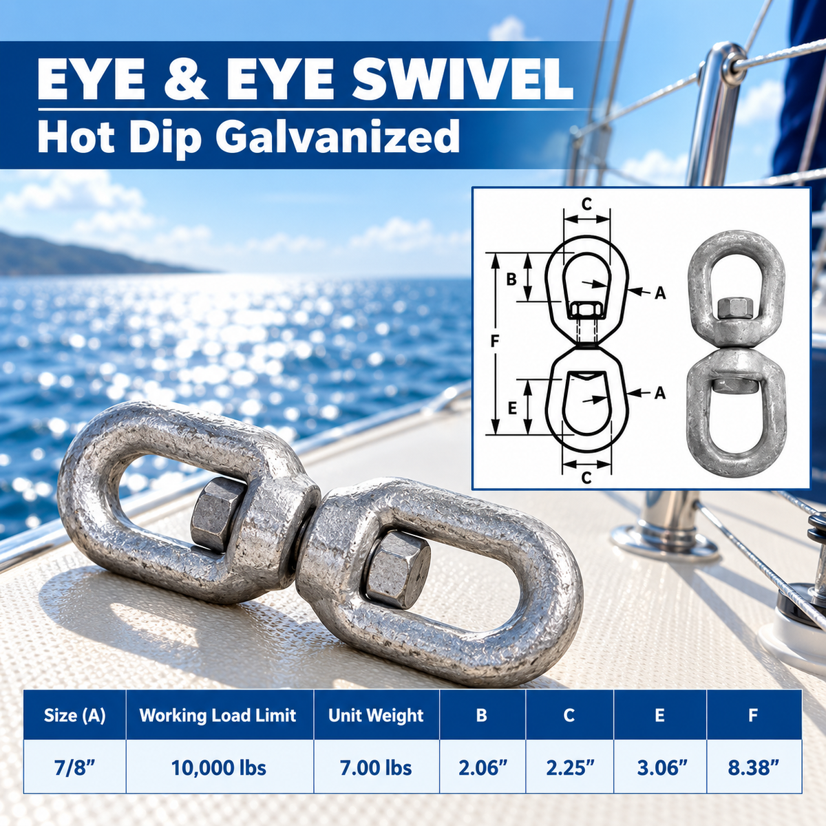 Marine Boat Galvanized Eye Eye Swivel Mooring, Boat Rigging Swivel for Chain, Anchor, Dock, and Outdoor Use