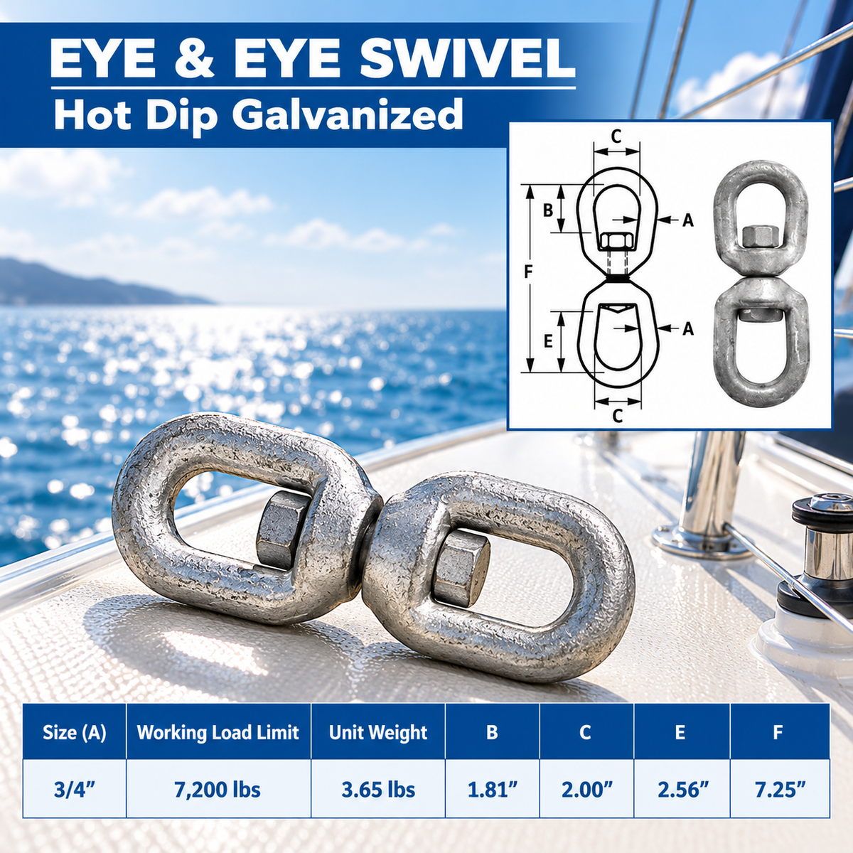 Marine Boat Galvanized Eye Eye Swivel Mooring, Boat Rigging Swivel for Chain, Anchor, Dock, and Outdoor Use