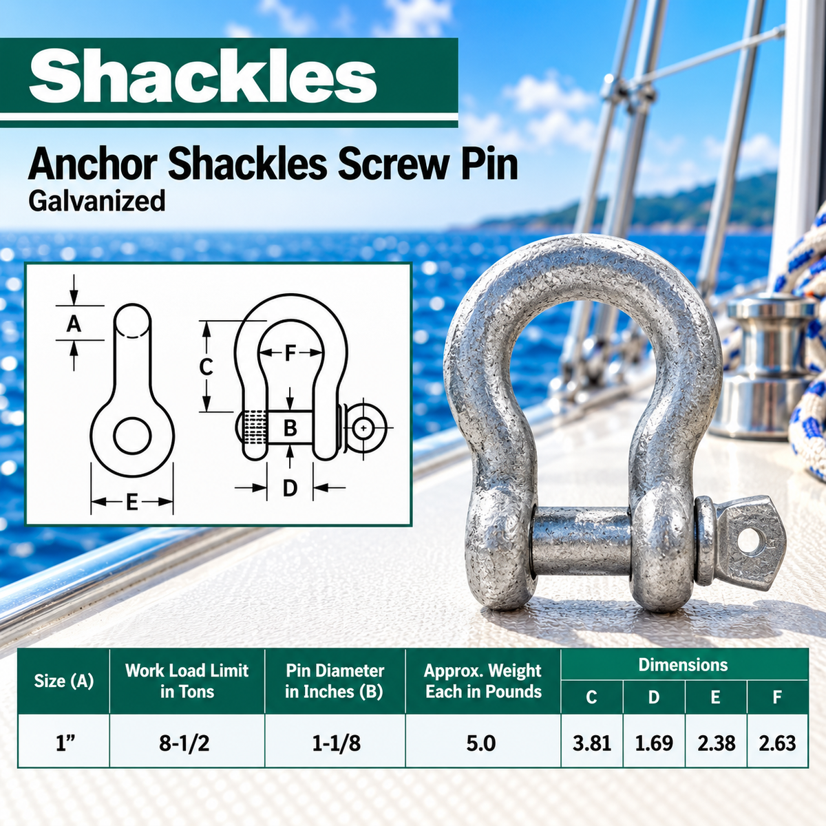 Galvanized Screw Pin Anchor Shackles , Heavy Duty Rigging Shackles for Chain, Rope, Cable, and Towing