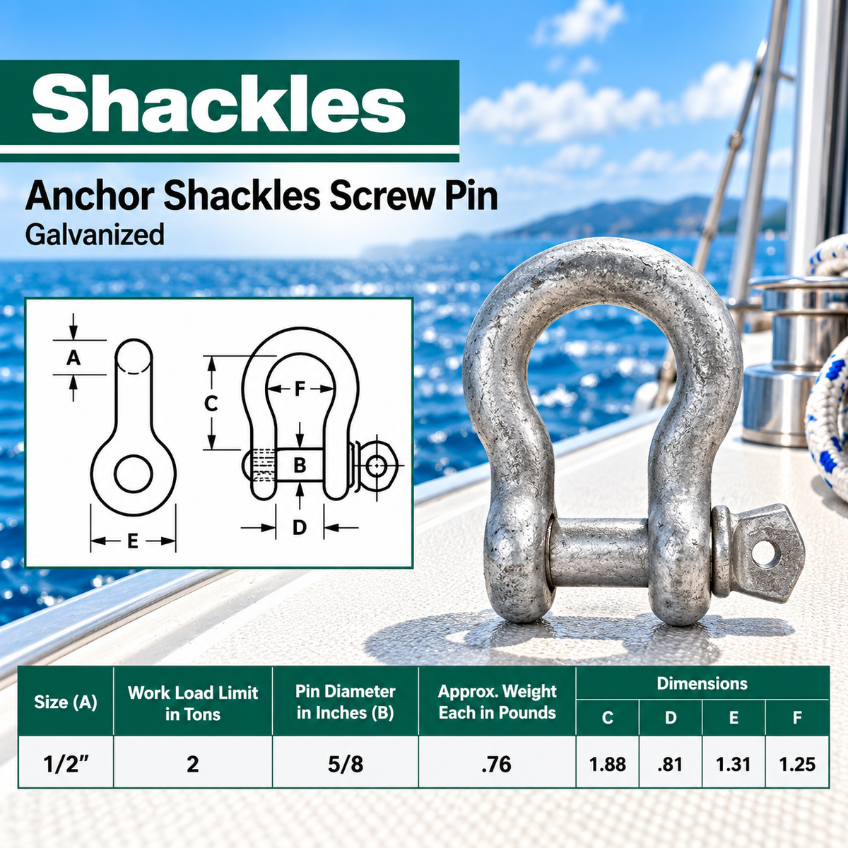 Galvanized Screw Pin Anchor Shackles , Heavy Duty Rigging Shackles for Chain, Rope, Cable, and Towing