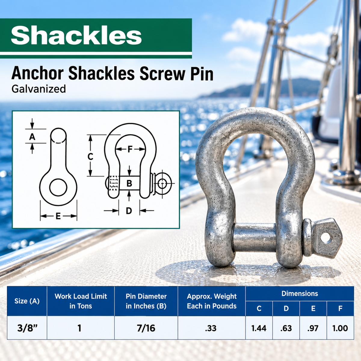 Galvanized Screw Pin Anchor Shackles , Heavy Duty Rigging Shackles for Chain, Rope, Cable, and Towing