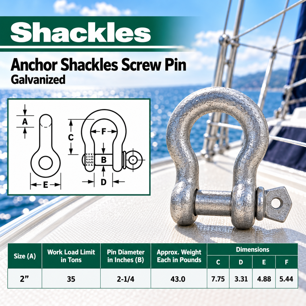 Galvanized Screw Pin Anchor Shackles , Heavy Duty Rigging Shackles for Chain, Rope, Cable, and Towing