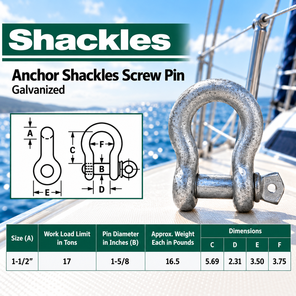 Galvanized Screw Pin Anchor Shackles , Heavy Duty Rigging Shackles for Chain, Rope, Cable, and Towing