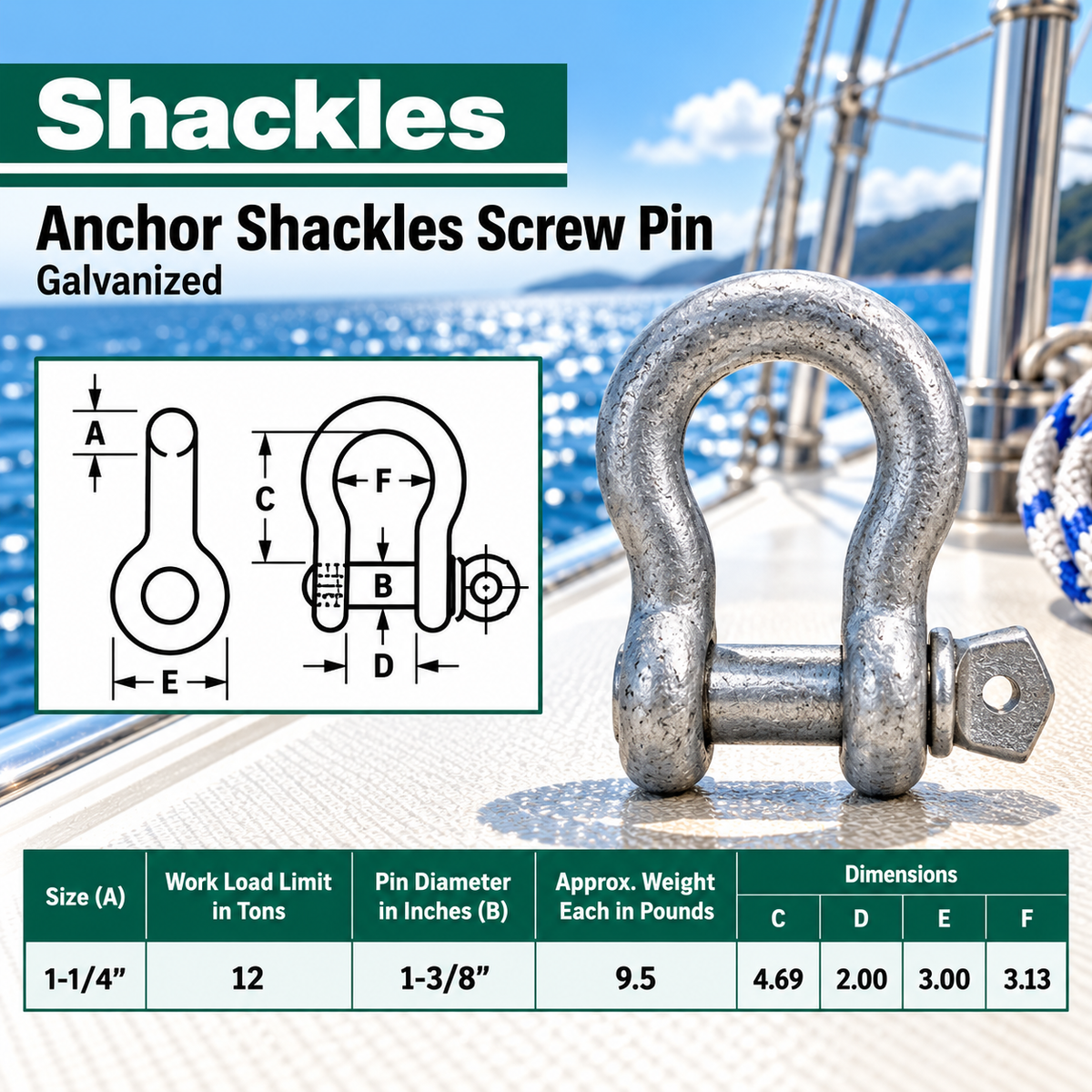 Galvanized Screw Pin Anchor Shackles , Heavy Duty Rigging Shackles for Chain, Rope, Cable, and Towing